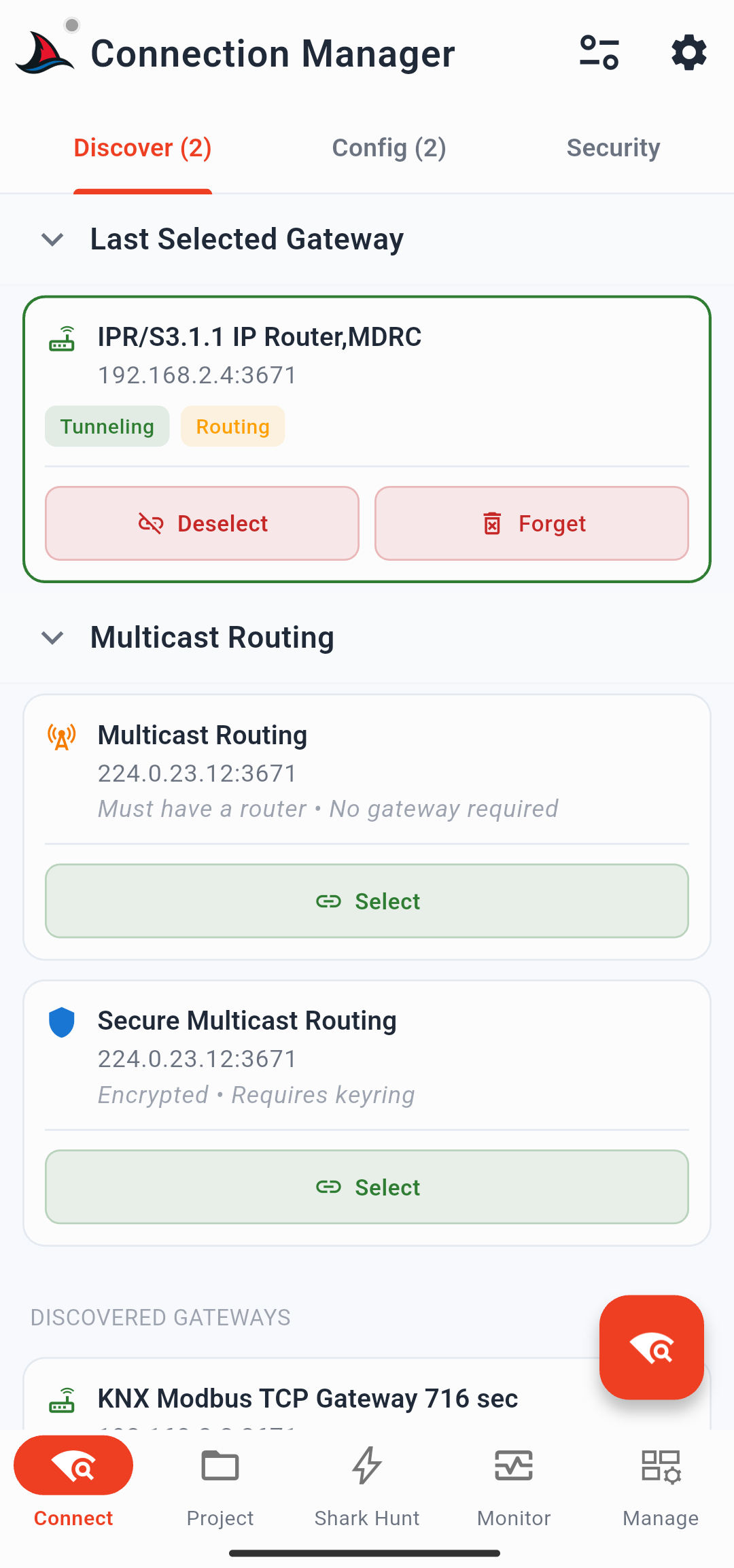 SharKNX discovery screen showing KNX IP gateway search on a local network