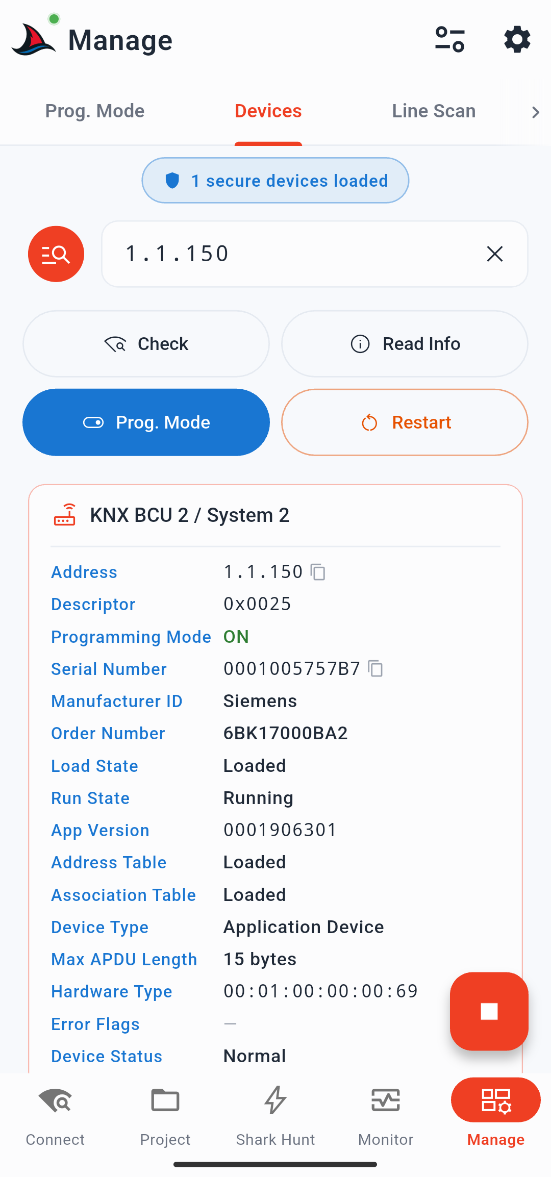 SharKNX device management screen showing KNX device information