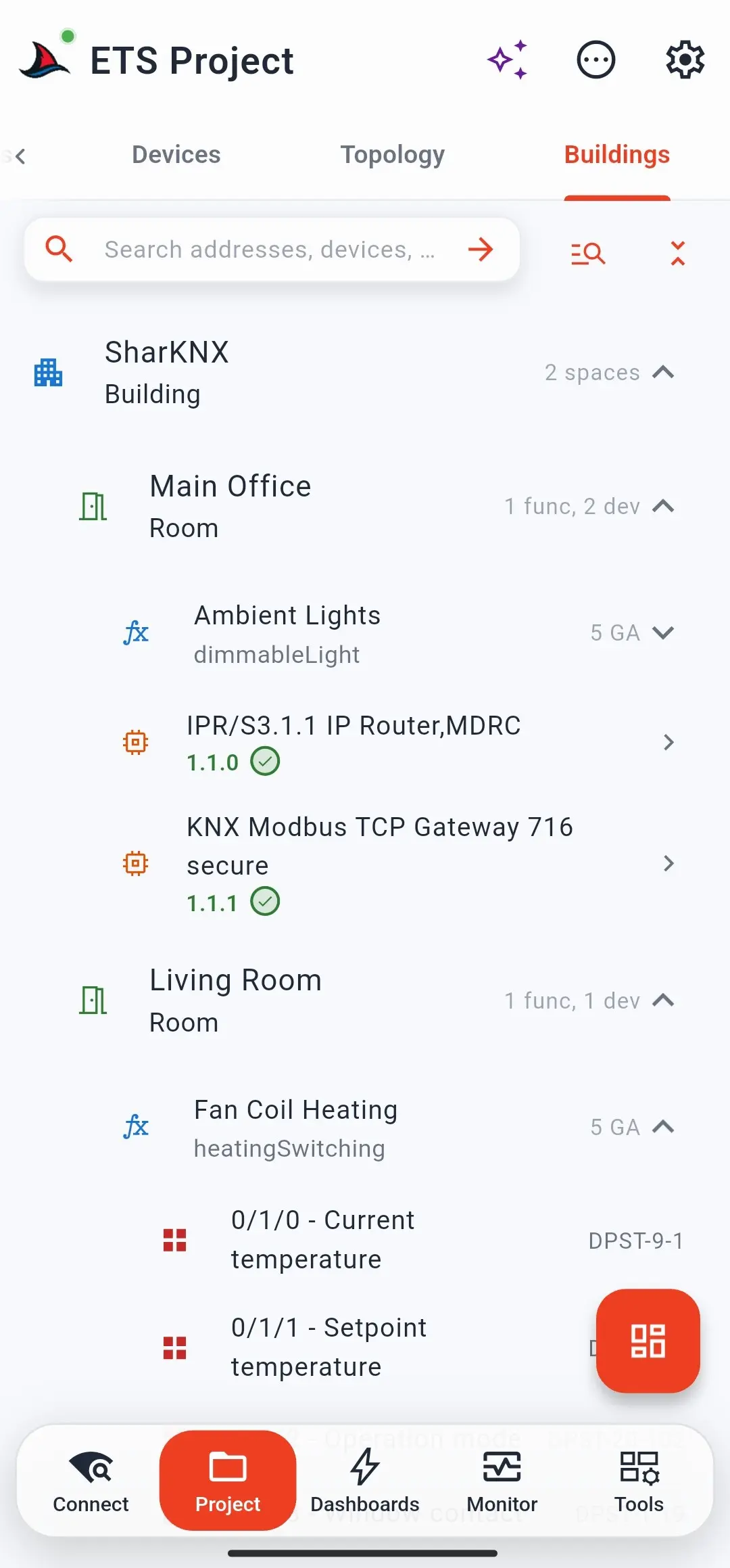SharKNX project browser showing rooms and their devices