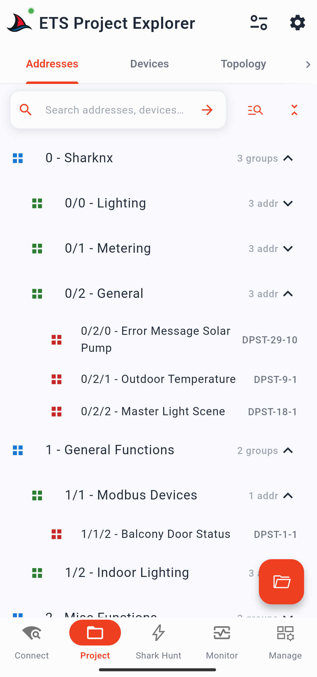 SharKNX project explorer showing group addresses from an imported ETS project