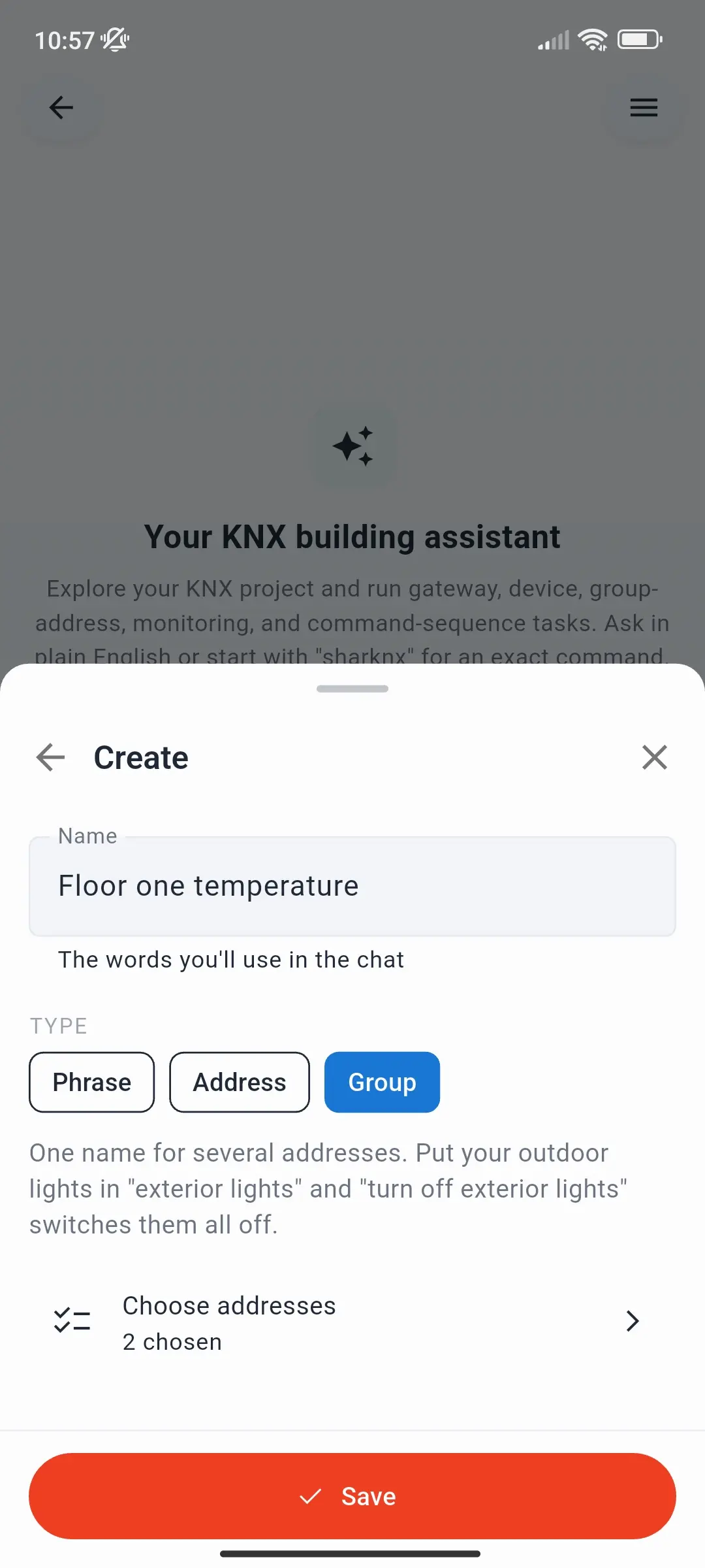 Create sheet with the name Floor one temperature, the Group type selected, and 2 addresses chosen