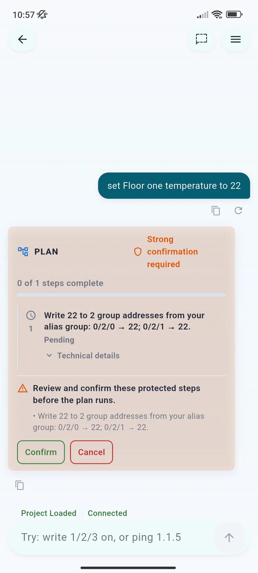 A plan that writes 22 to two group addresses, waiting for strong confirmation with Confirm and Cancel