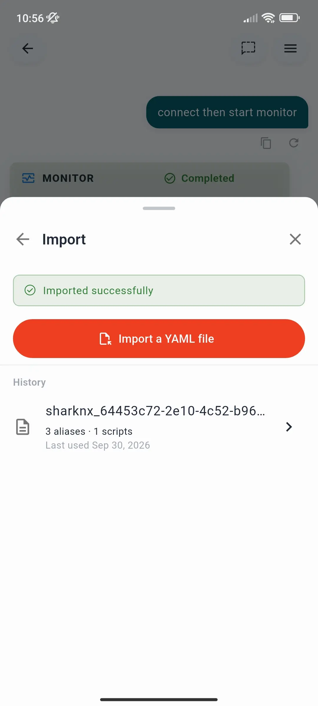 Import sheet after a successful import, with the Import a YAML file button and one file in History with 3 aliases and 1 script