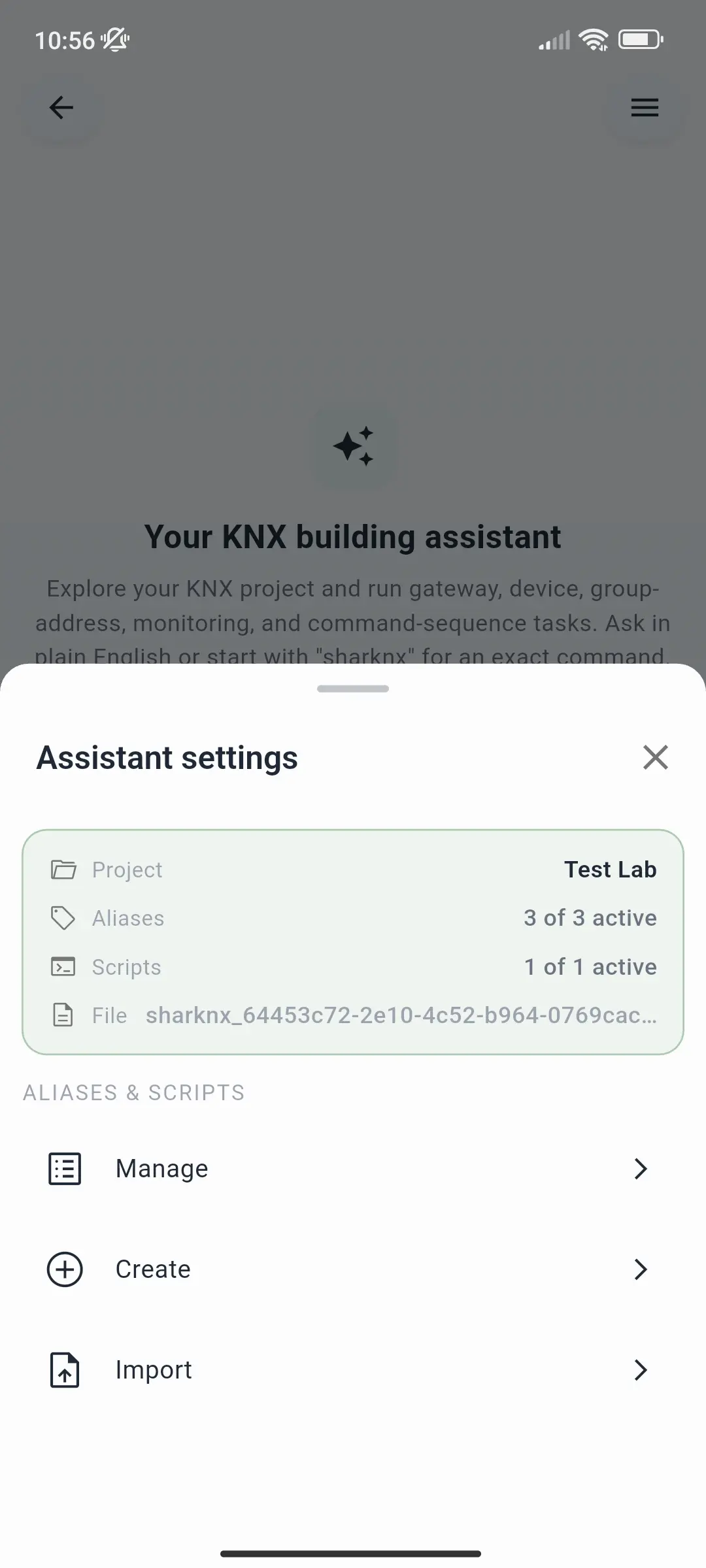 Assistant settings with the project, 3 of 3 aliases and 1 of 1 scripts active, and Manage, Create, and Import
