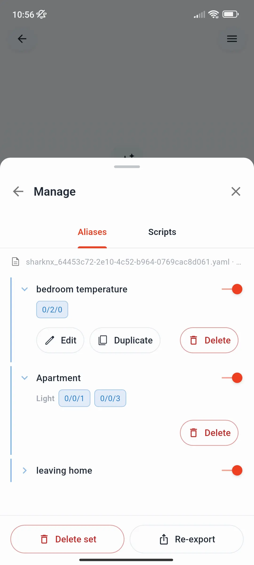 Manage, Aliases tab: an address alias with Edit, Duplicate, and Delete, a room alias, and a phrase, with Delete set and Re-export