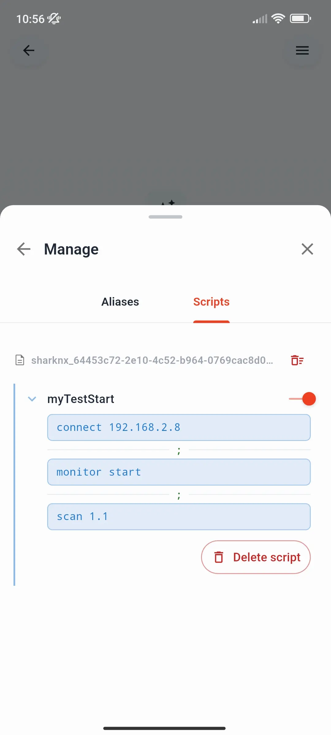 Manage, Scripts tab: the script myTestStart with connect, monitor start, and scan 1.1 joined by semicolons