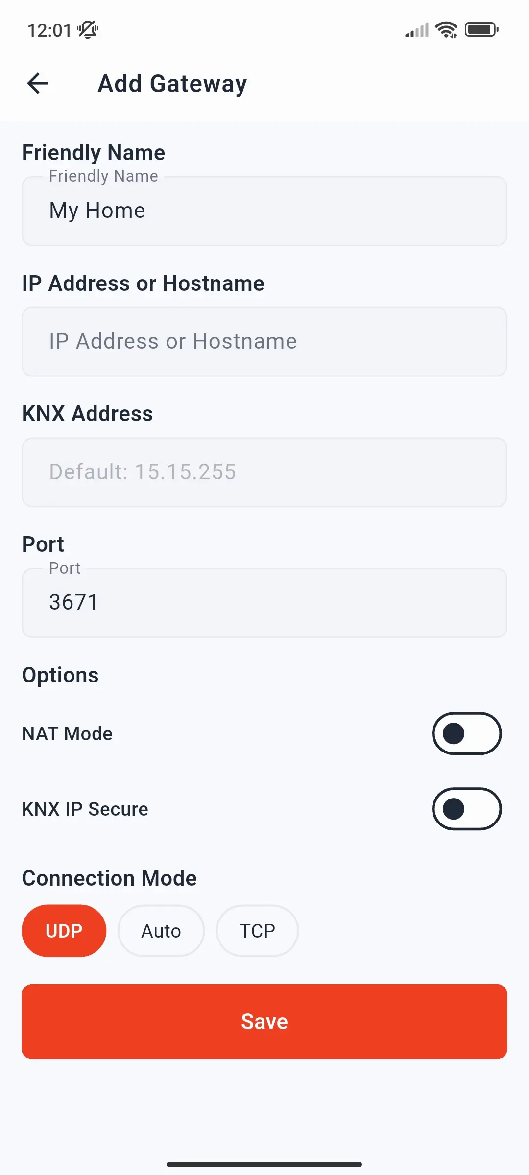 Add Gateway form with Friendly Name, IP Address or Hostname, KNX Address, Port, NAT Mode, KNX IP Secure, and the UDP, Auto, and TCP connection modes