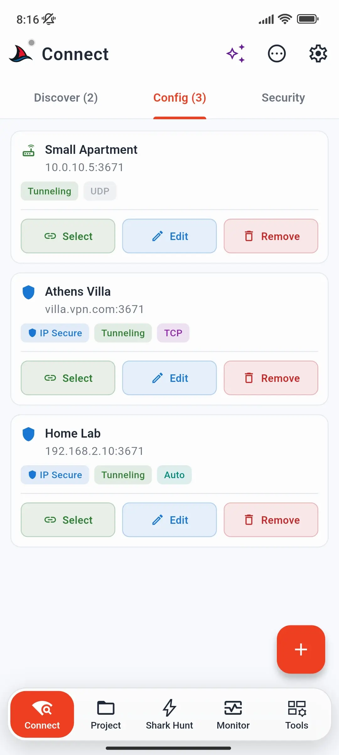 Config tab with three saved gateways, showing IP Secure, Tunneling, and UDP, TCP, or Auto chips, each with Select, Edit, and Remove
