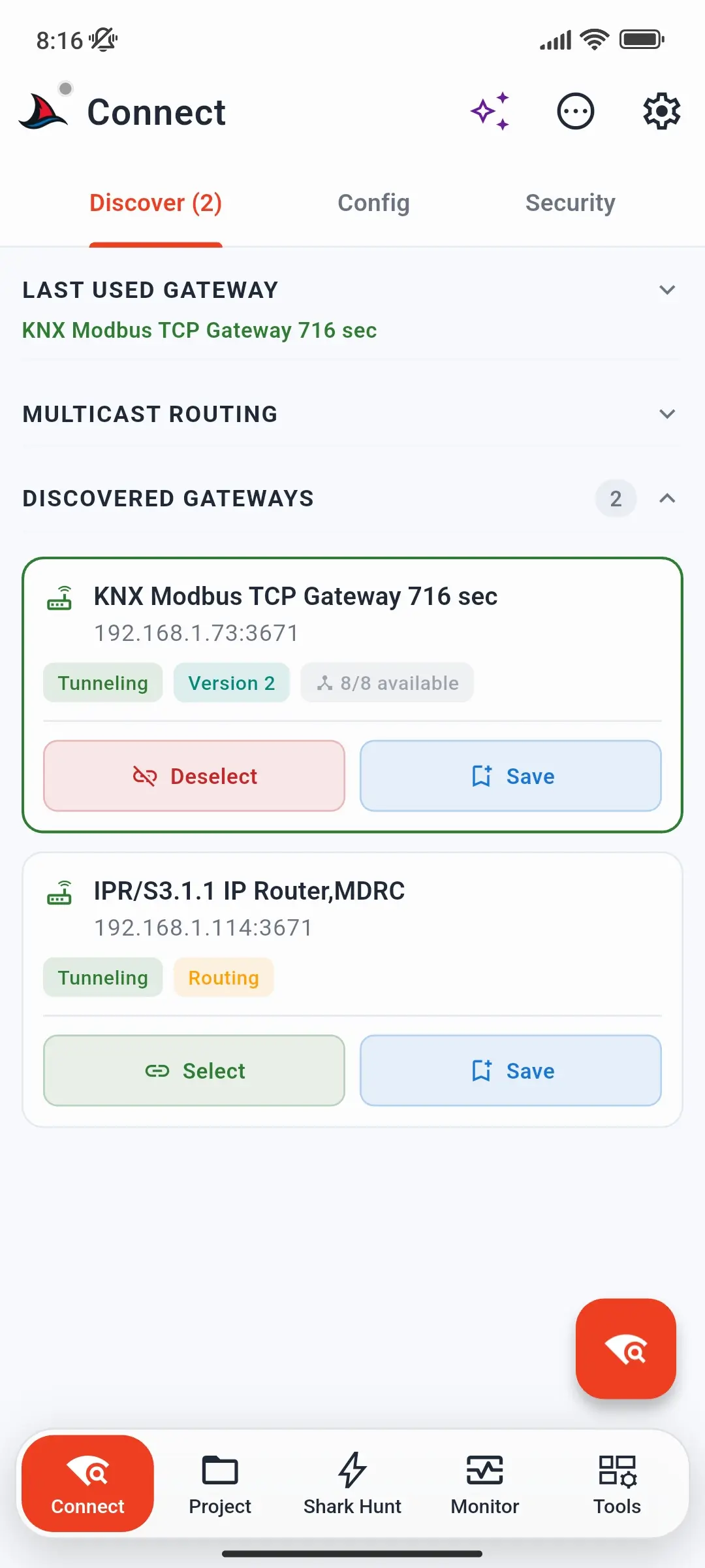 Discover tab with the last used gateway, Multicast Routing, and two discovered gateways, one selected