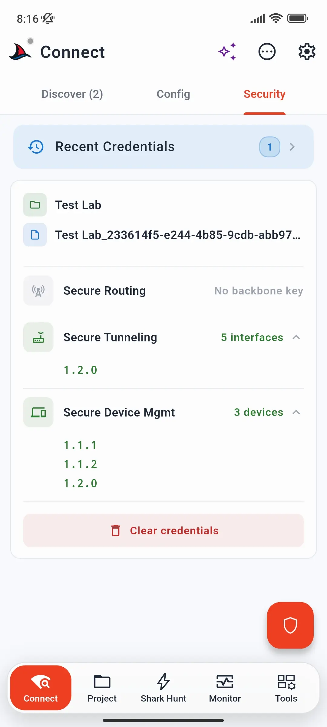 Security tab with a loaded project: Secure Routing without a backbone key, Secure Tunneling with 5 interfaces, and Secure Device Mgmt for 3 devices