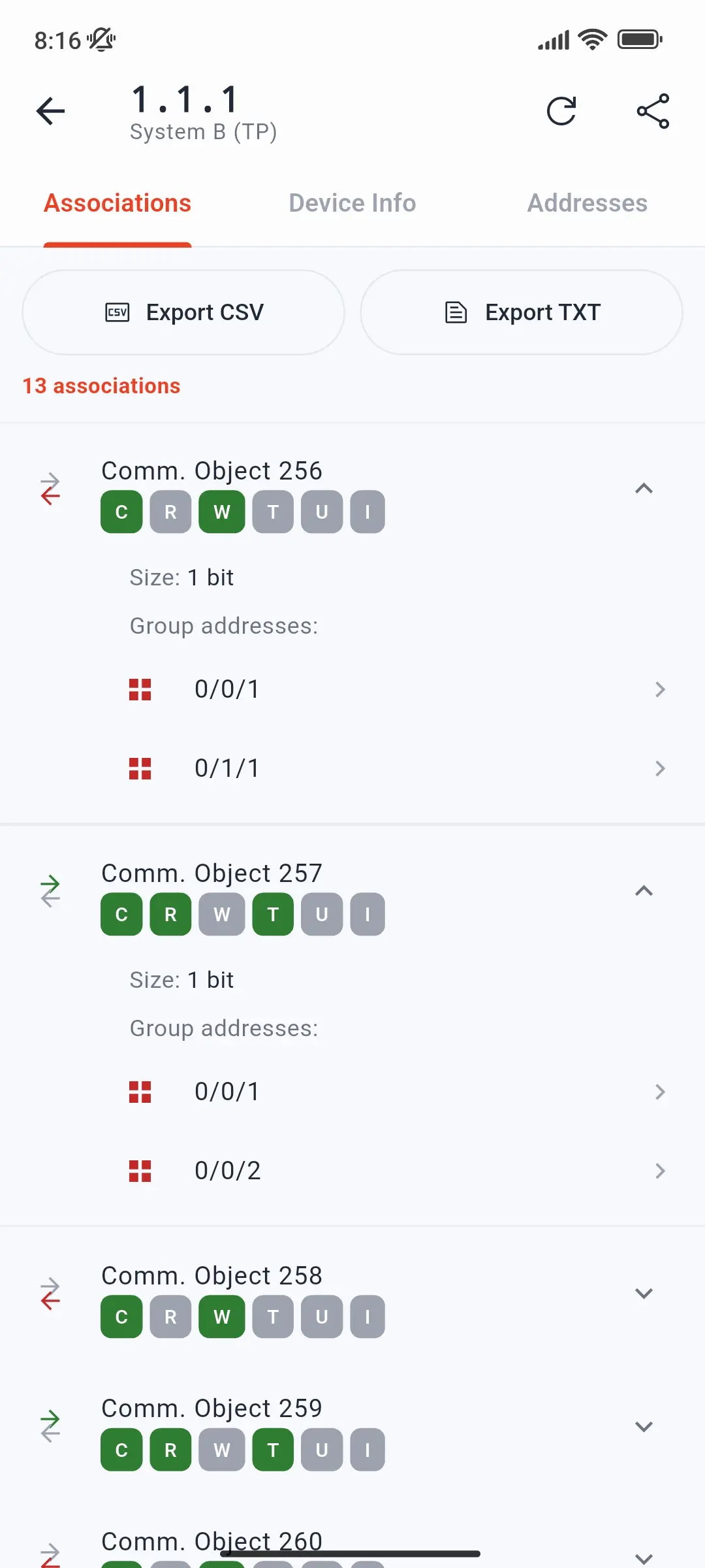 Associations tab for device 1.1.1 with communication objects, their flags, size, and group addresses