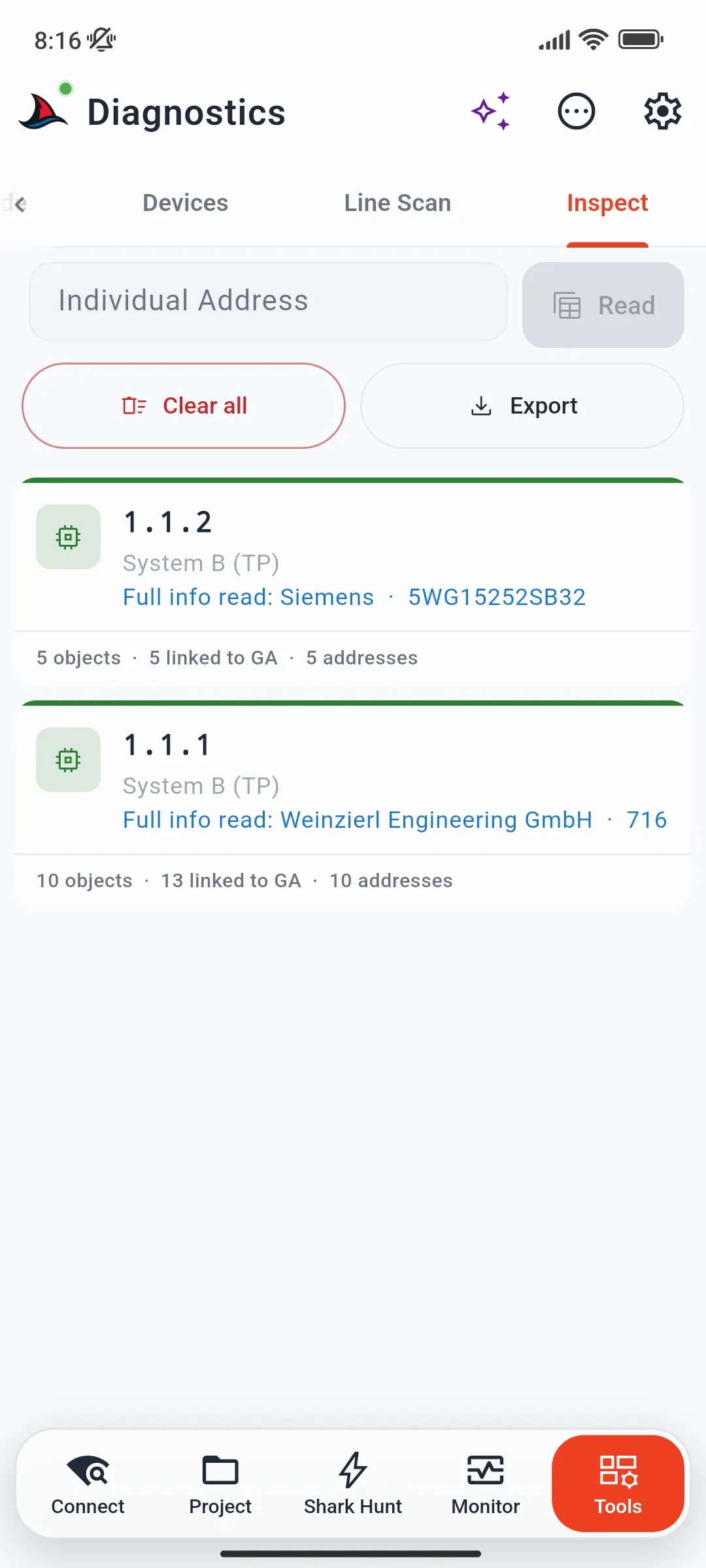 Inspect tab with cards for devices 1.1.2 and 1.1.1, the Clear all and Export buttons
