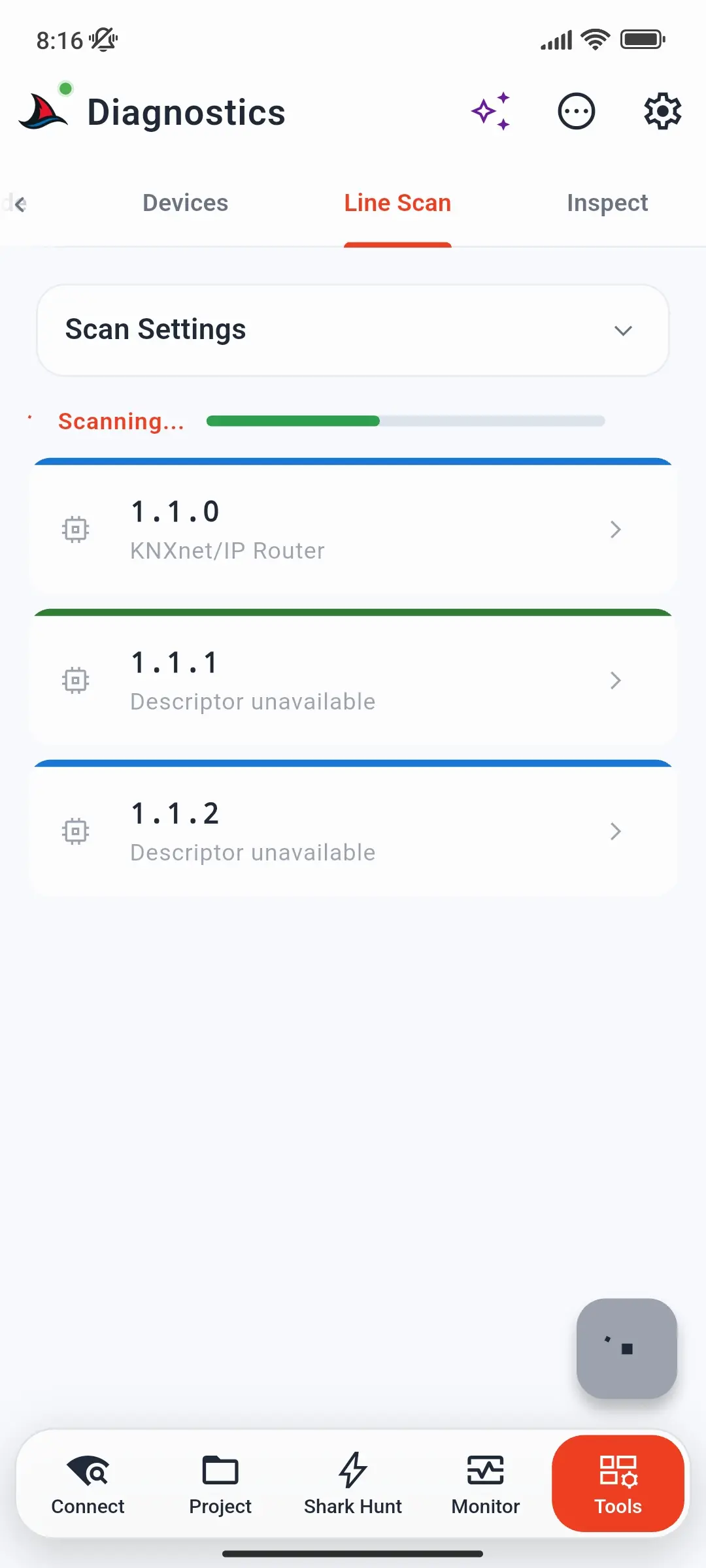 Line Scan tab while scanning, with a KNXnet/IP router and two devices found