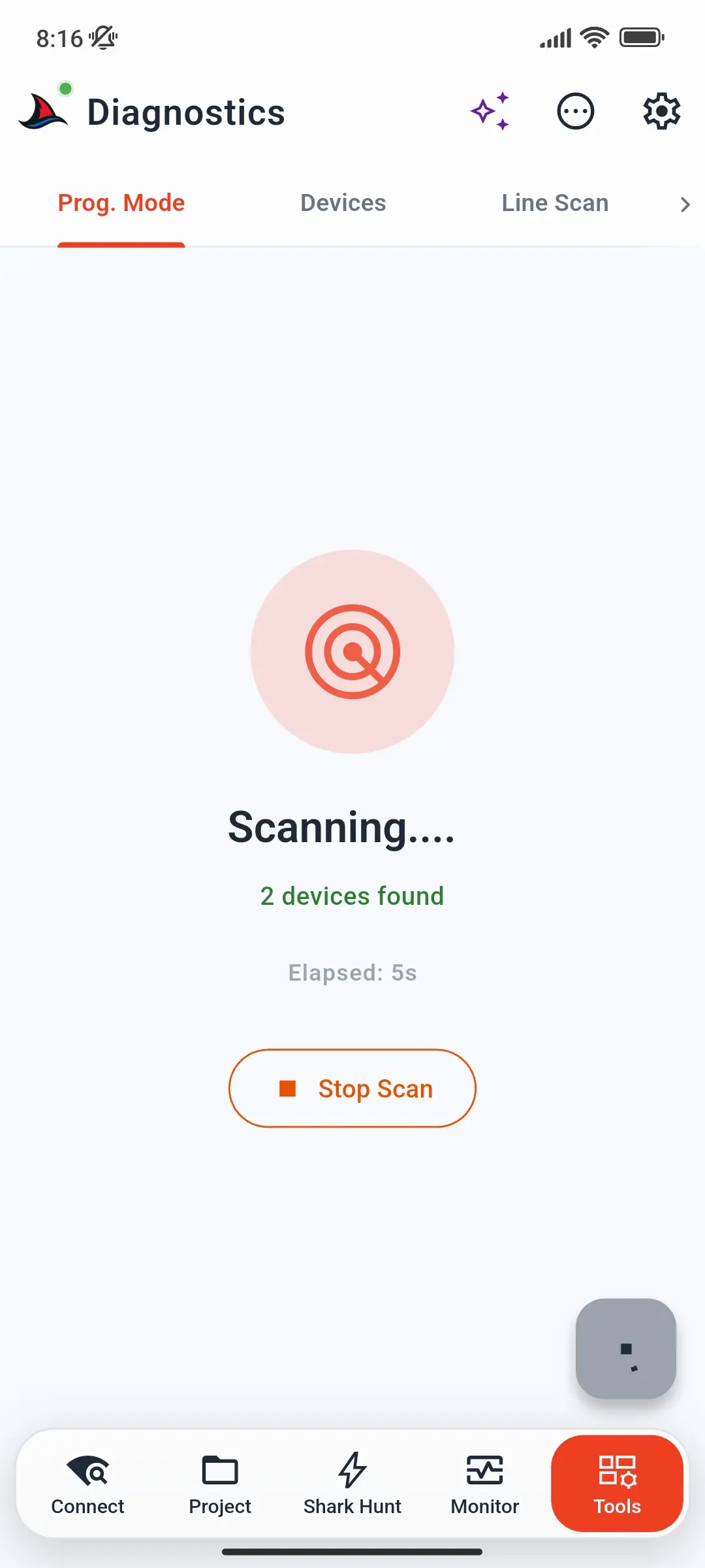 Prog. Mode tab while scanning, with 2 devices found and the Stop Scan button