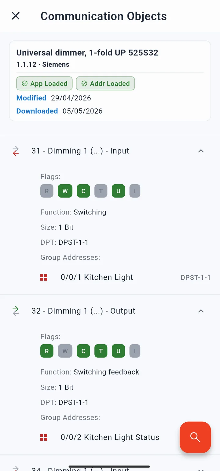 Communication objects page for a device showing object number, flags, function, size, and linked group addresses