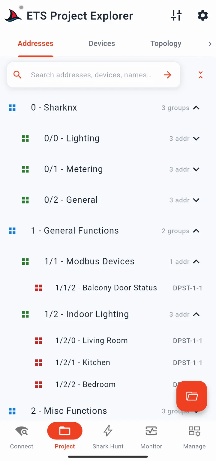 Project page showing the group address tree with main groups, middle groups, and group addresses from a loaded ETS project