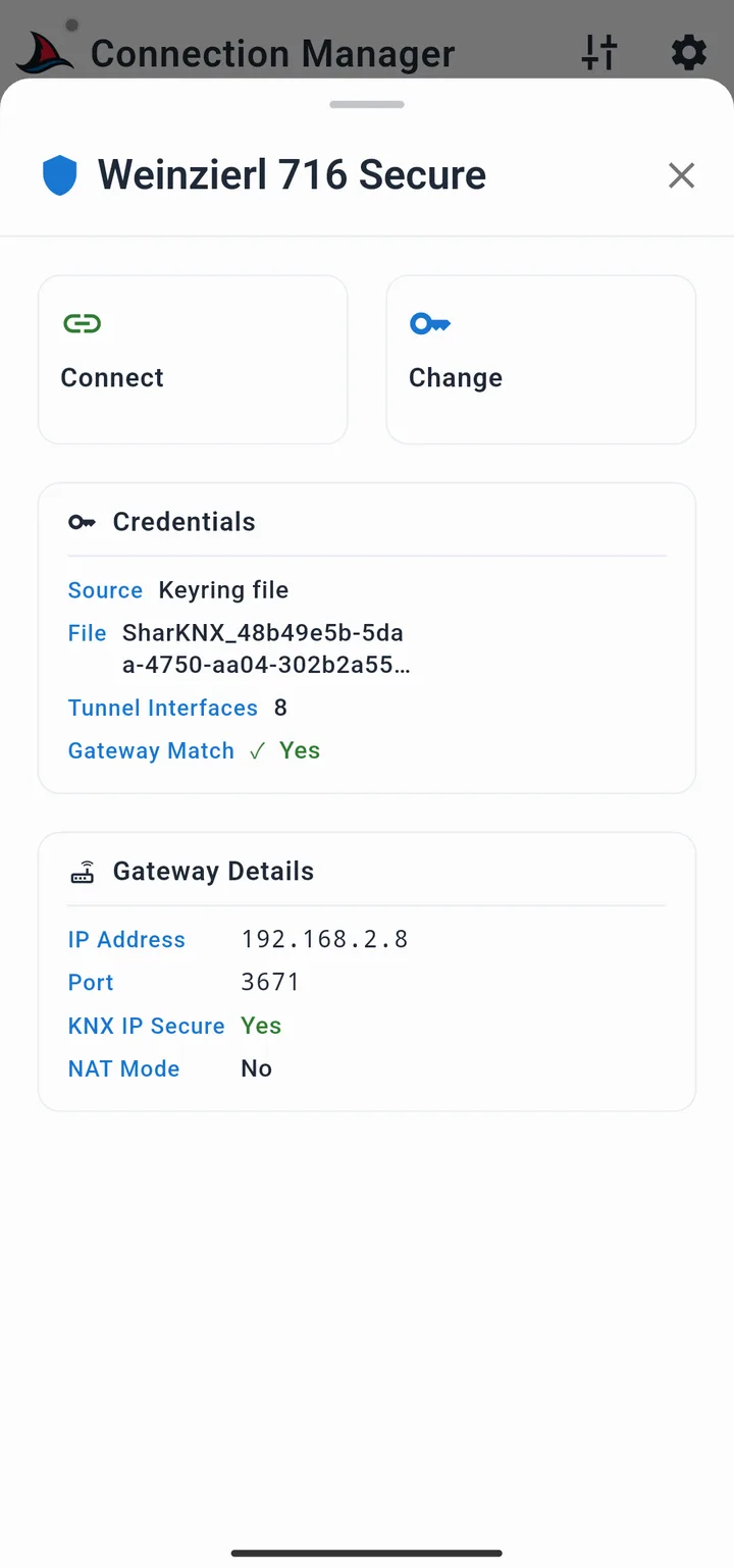 Gateway detail bottom sheet with Load Credentials button for a KNX IP Secure gateway