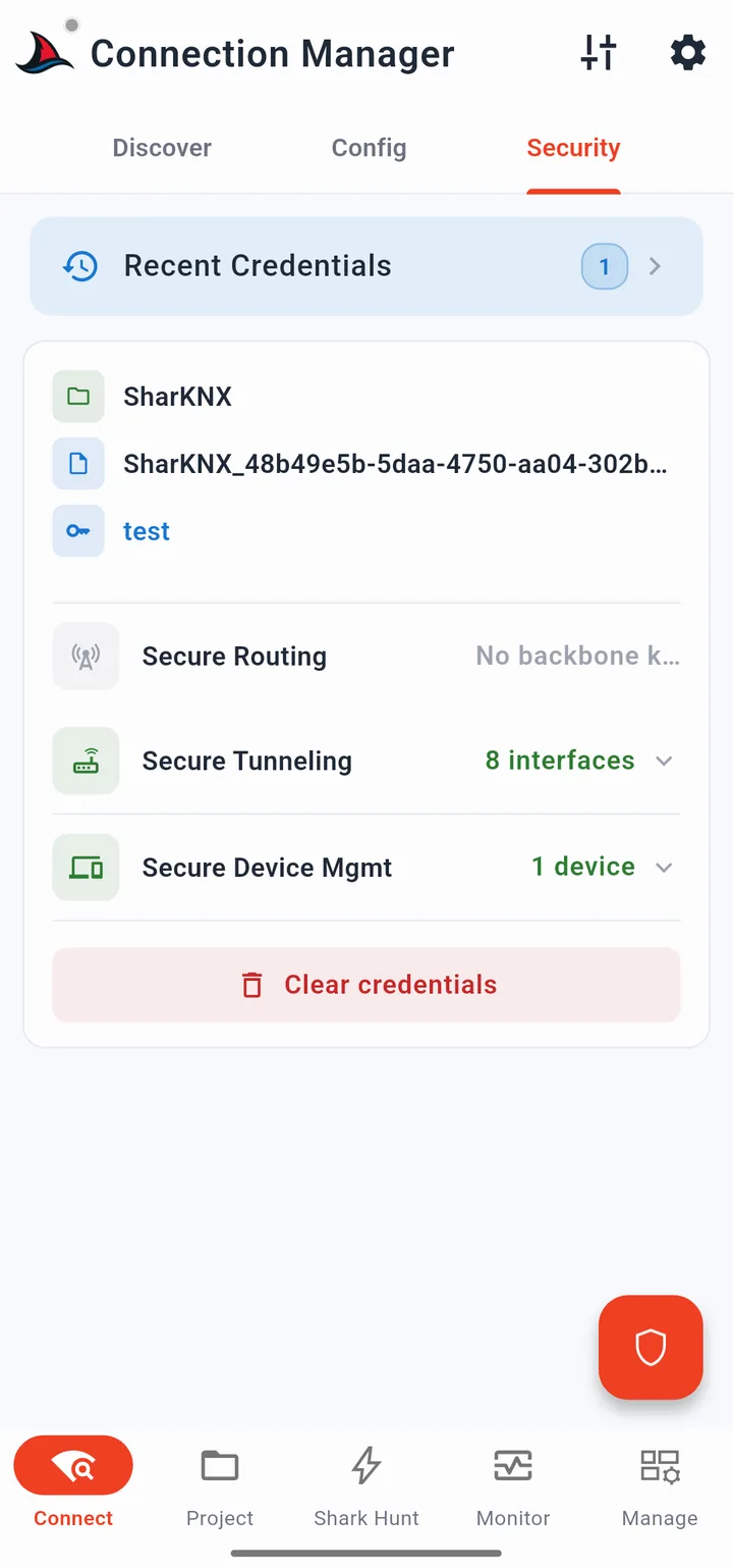 Security tab showing a loaded credential file with interface and device counts