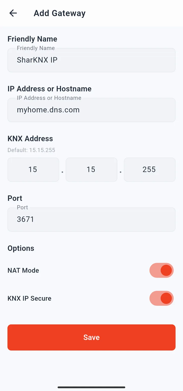 Manual gateway configuration page with fields for name, IP, port, and secure options