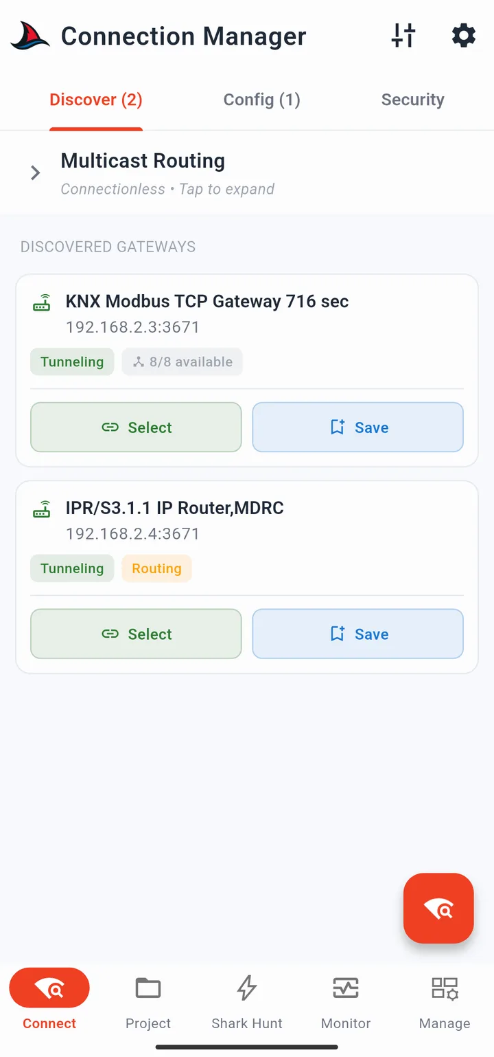 Discover tab showing discovered gateway cards with Select and Save buttons