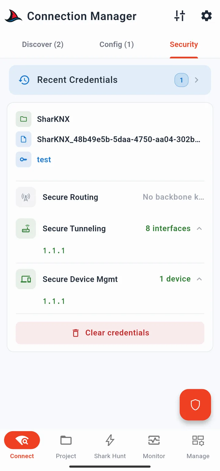 Security tab showing a loaded credential file summary with interface and device counts