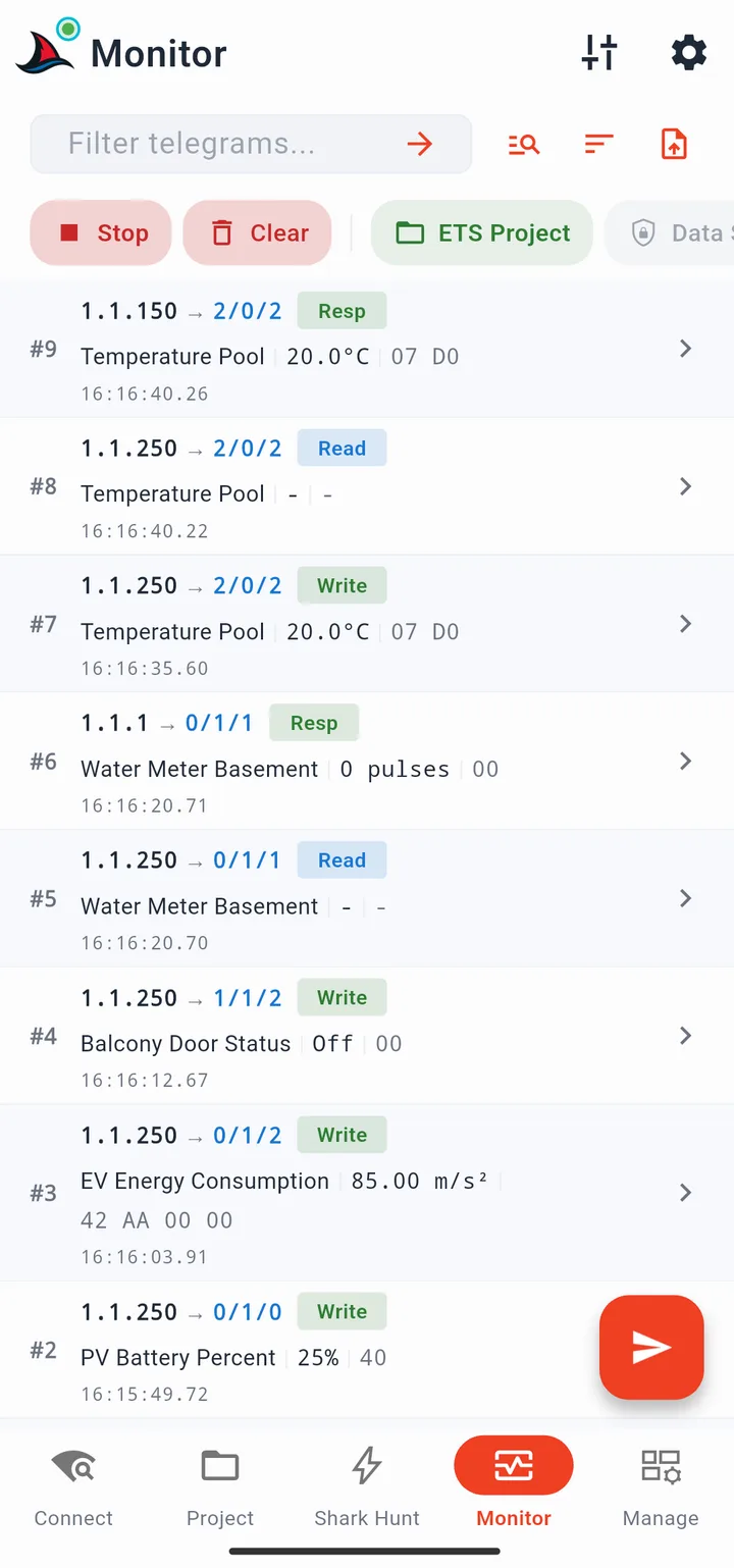 Monitor page with live telegrams in the list view