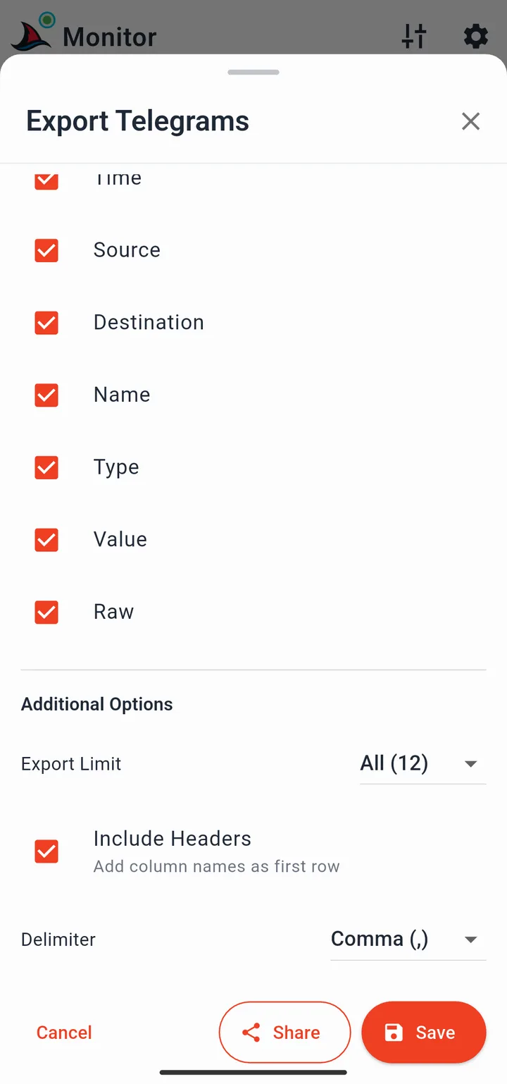 Export bottom sheet showing filename input, column selection tick boxes, and Save/Share buttons