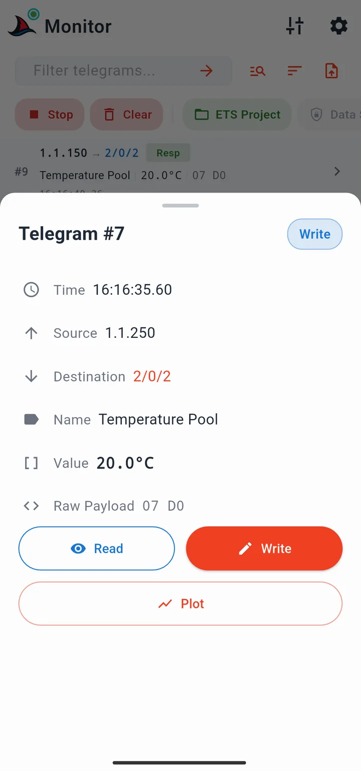 Telegram detail sheet showing time, source, destination, value, and Read/Write/Plot buttons