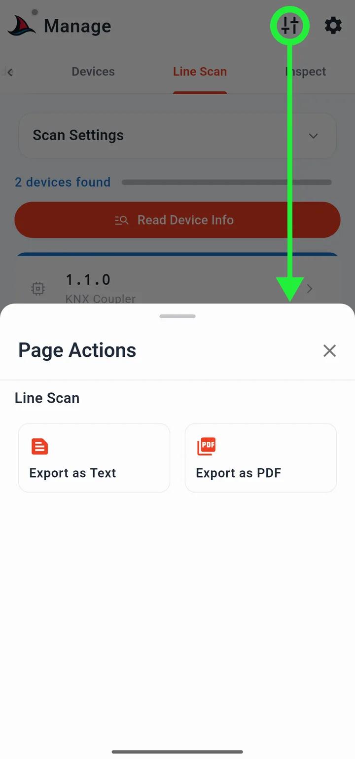 Menú de utilidades de Scan page mostrando opciones de exportación