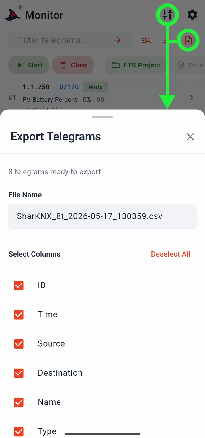 Hoja inferior de exportación de telegramas