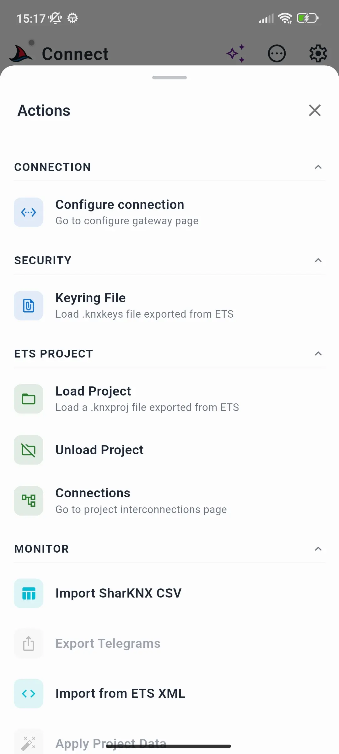 Actions sheet with the Connection, Security, ETS Project, and Monitor sections