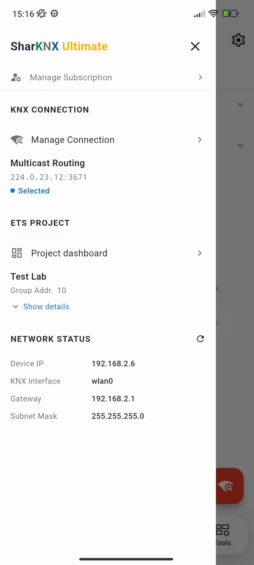 Side menu showing the plan, KNX Connection, ETS Project, and Network Status sections