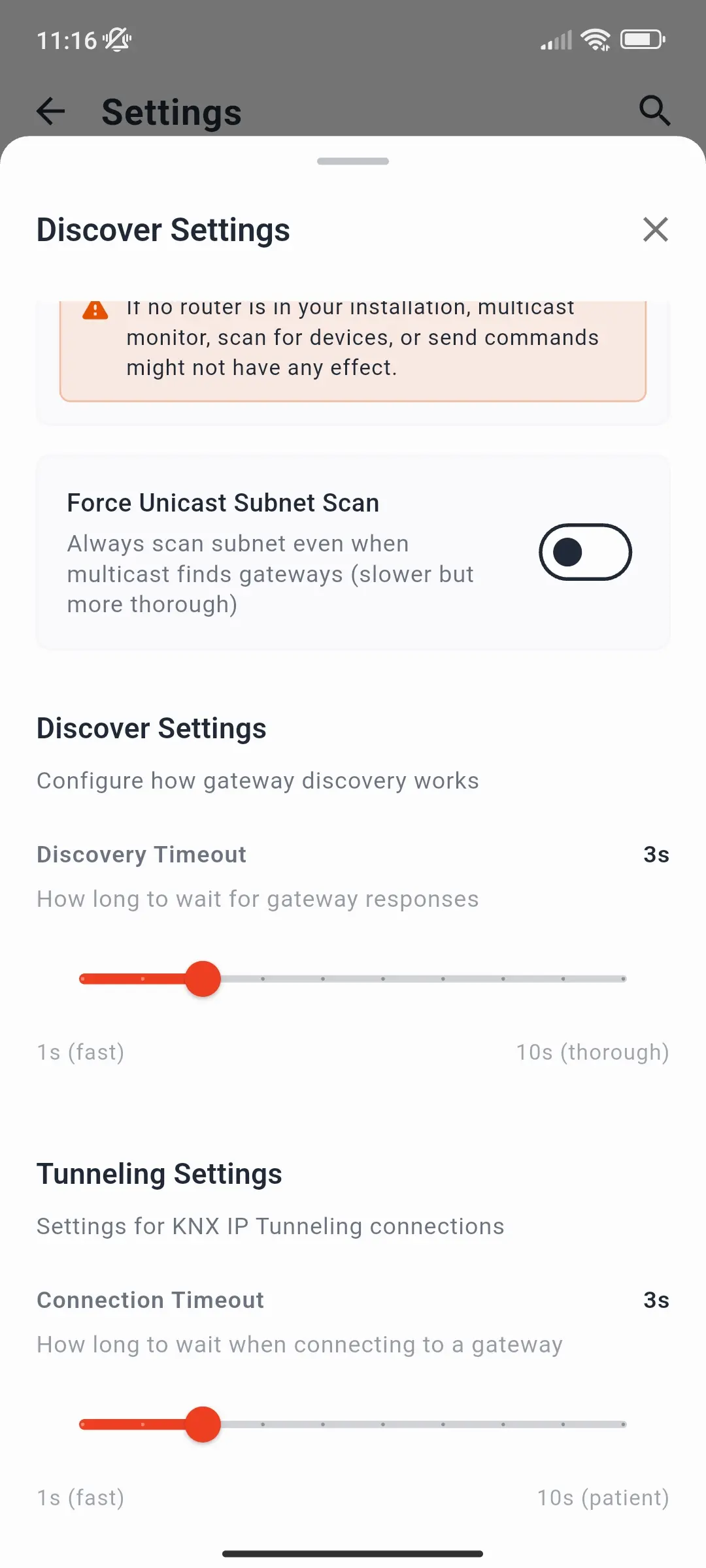 Découvrez les paramètres avec Force Unicast Subnet Scan et les curseurs de découverte et de délai d'expiration de connexion