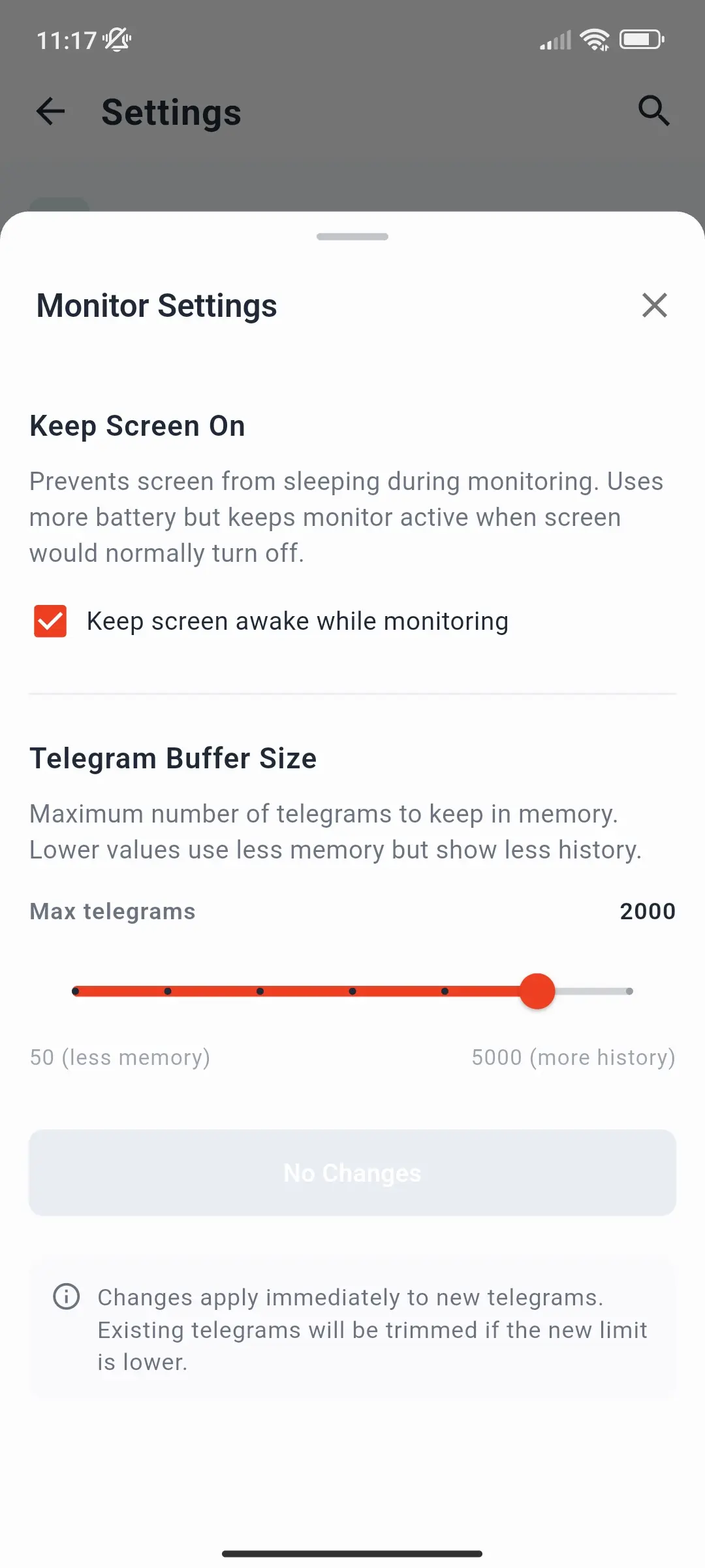 Paramètres du moniteur avec Keep Screen On et le curseur Telegram Buffer Size