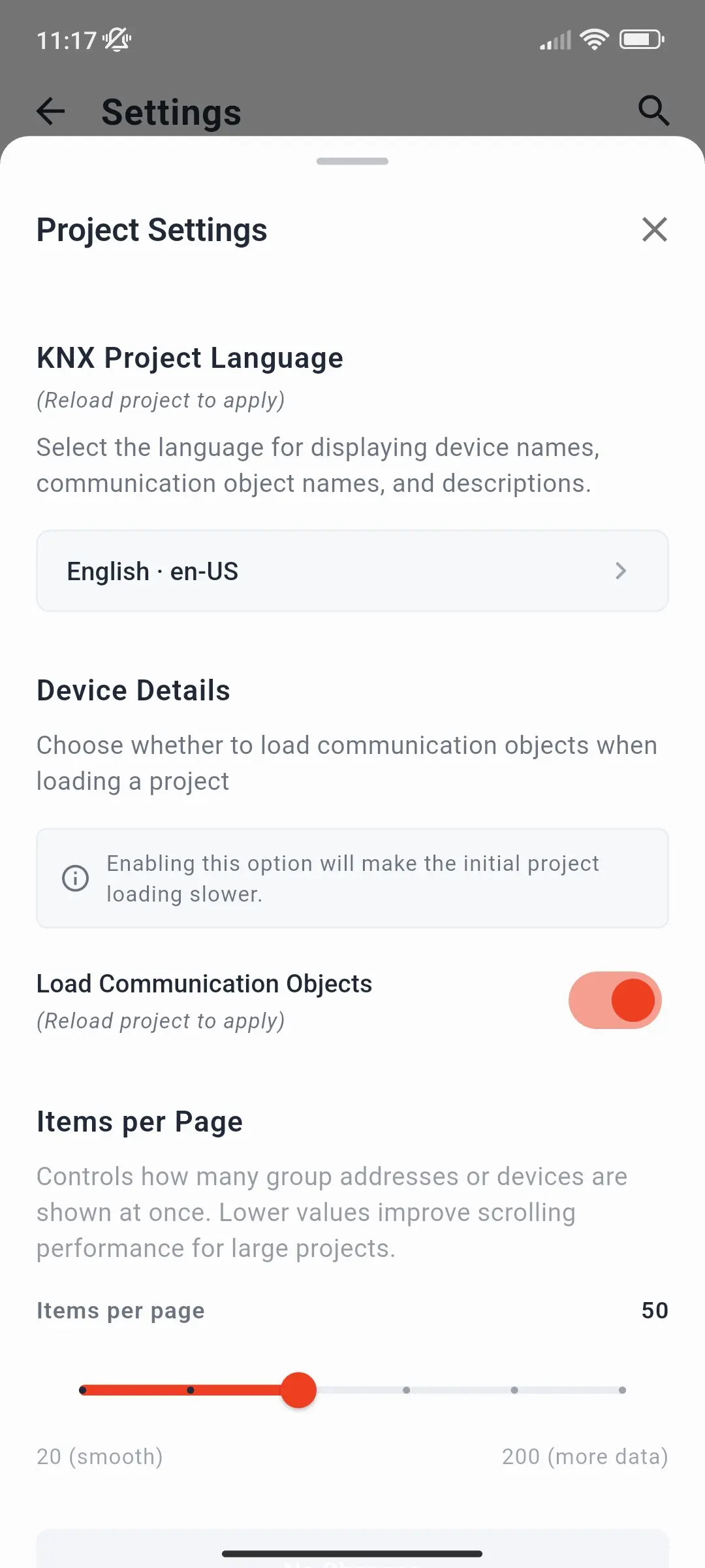 Paramètres du projet avec le langage de projet KNX, charger les objets de communication et les éléments par page