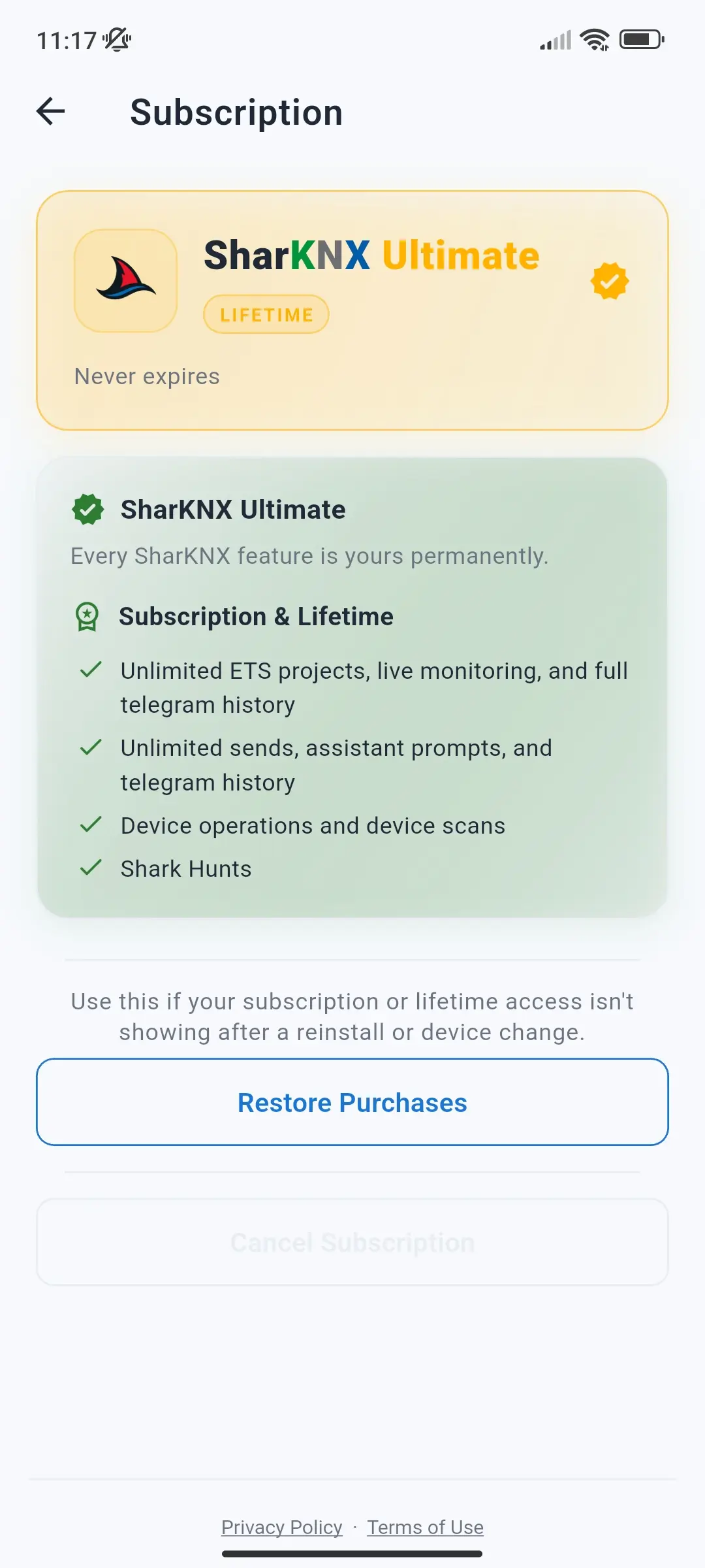 Page d'abonnement montrant l'accès à vie à SharKNX Ultimate, les fonctionnalités incluses et les achats de restauration