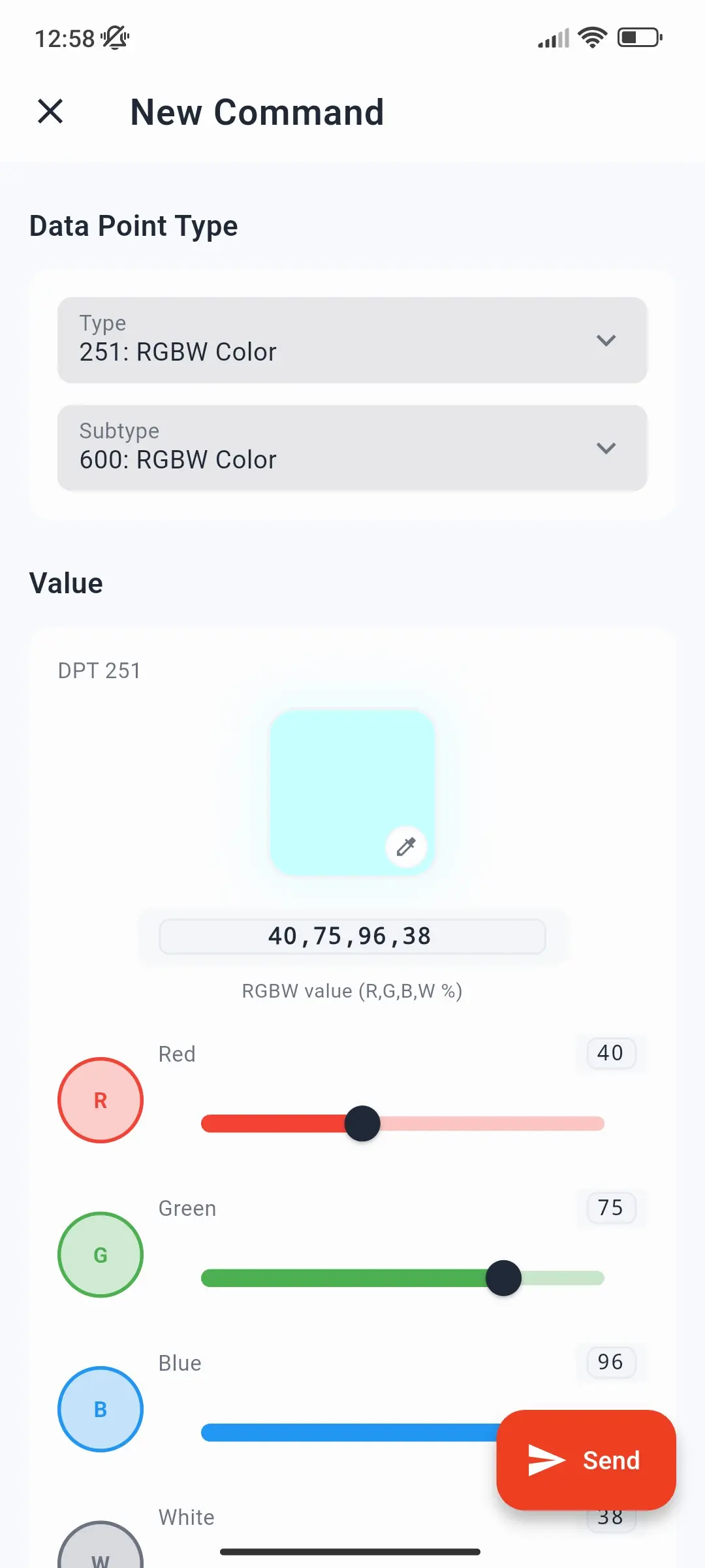 Editor Nuovo Comando con il tipo di datapoint impostato su colore RGBW e i cursori del valore