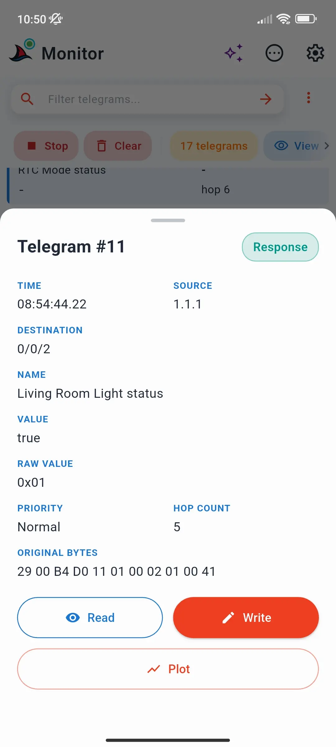 Telegram details with time, source, destination, name, value, raw value, priority, hop count, original bytes, and the Read, Write, and Plot buttons