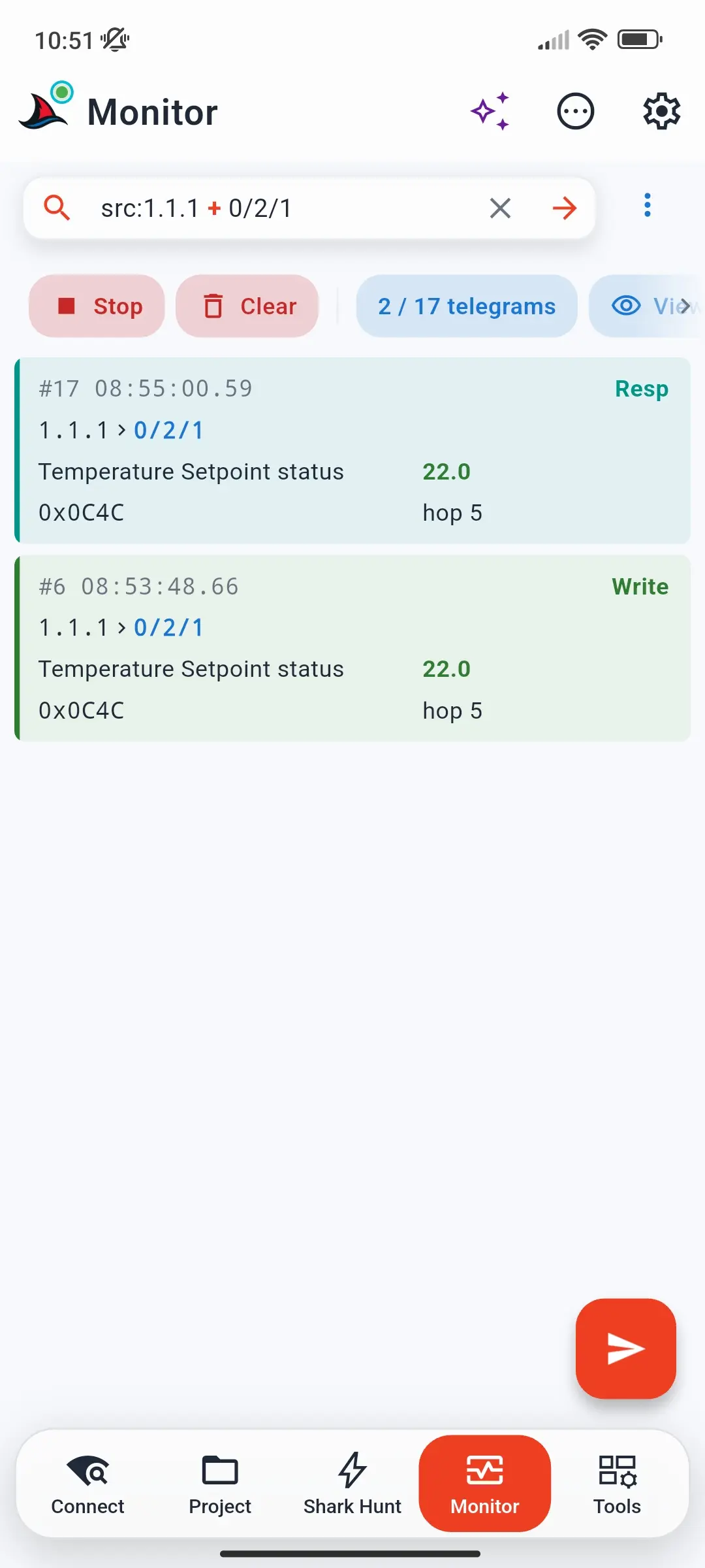 Monitor filtered with src:1.1.1 + 0/2/1, showing 2 of 17 telegrams