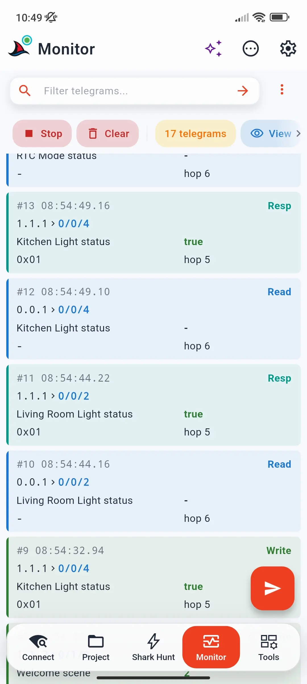 Monitor with live Read, Response, and Write telegrams, named and decoded from the ETS project