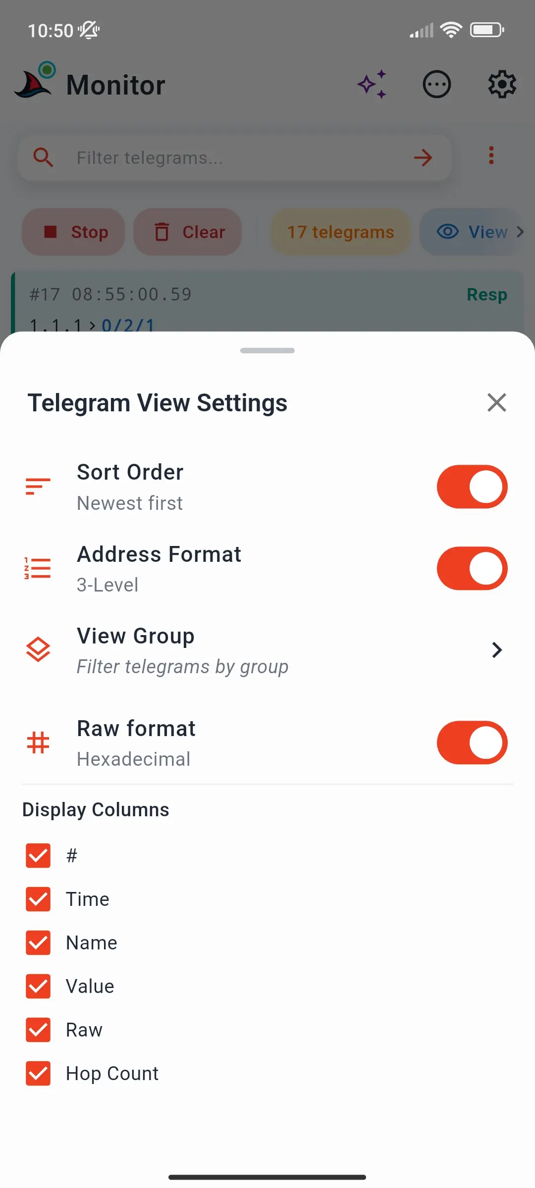 Telegram View Settings with Sort Order, Address Format, View Group, Raw format, and Display Columns