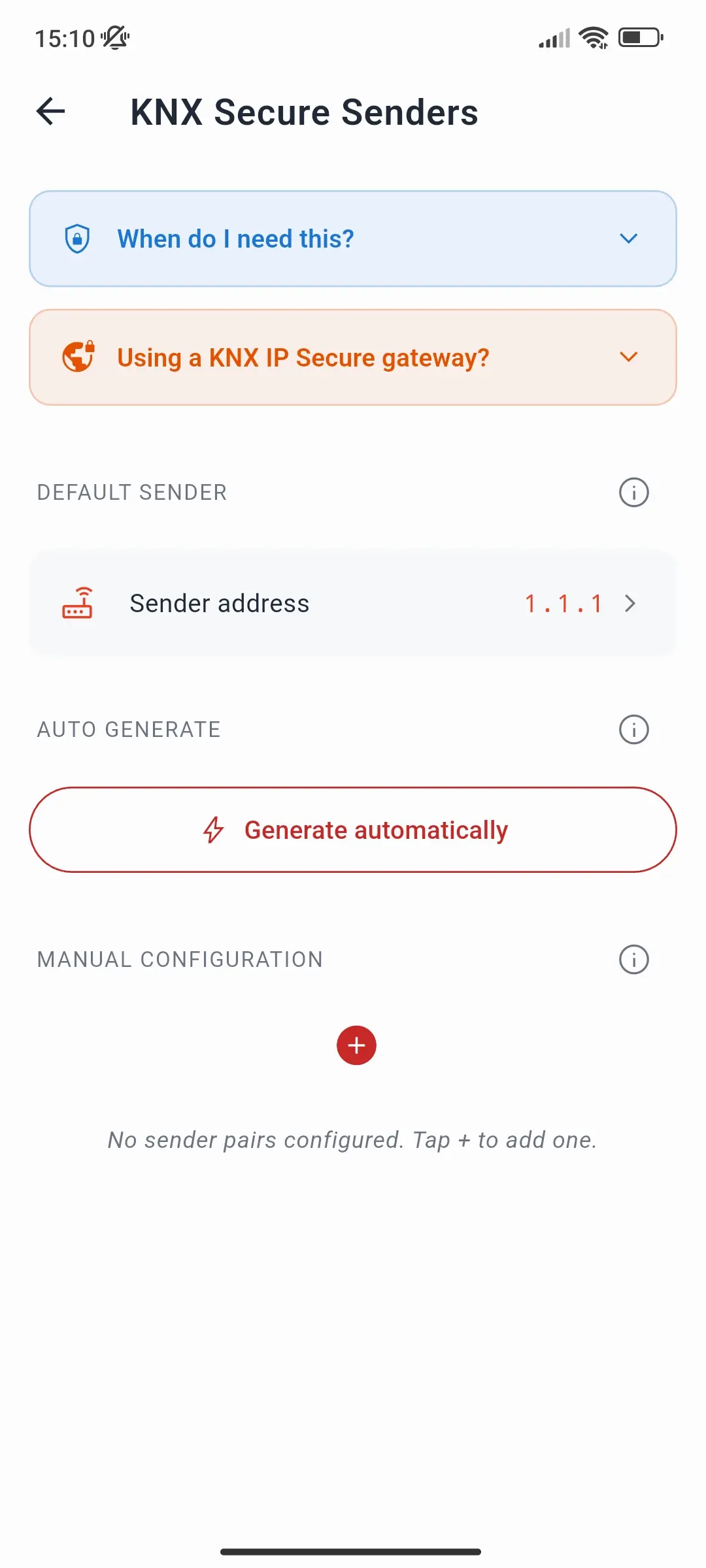 Page KNX Secure Senders avec l'adresse de l'expéditeur par défaut, Générer automatiquement et Configuration manuelle