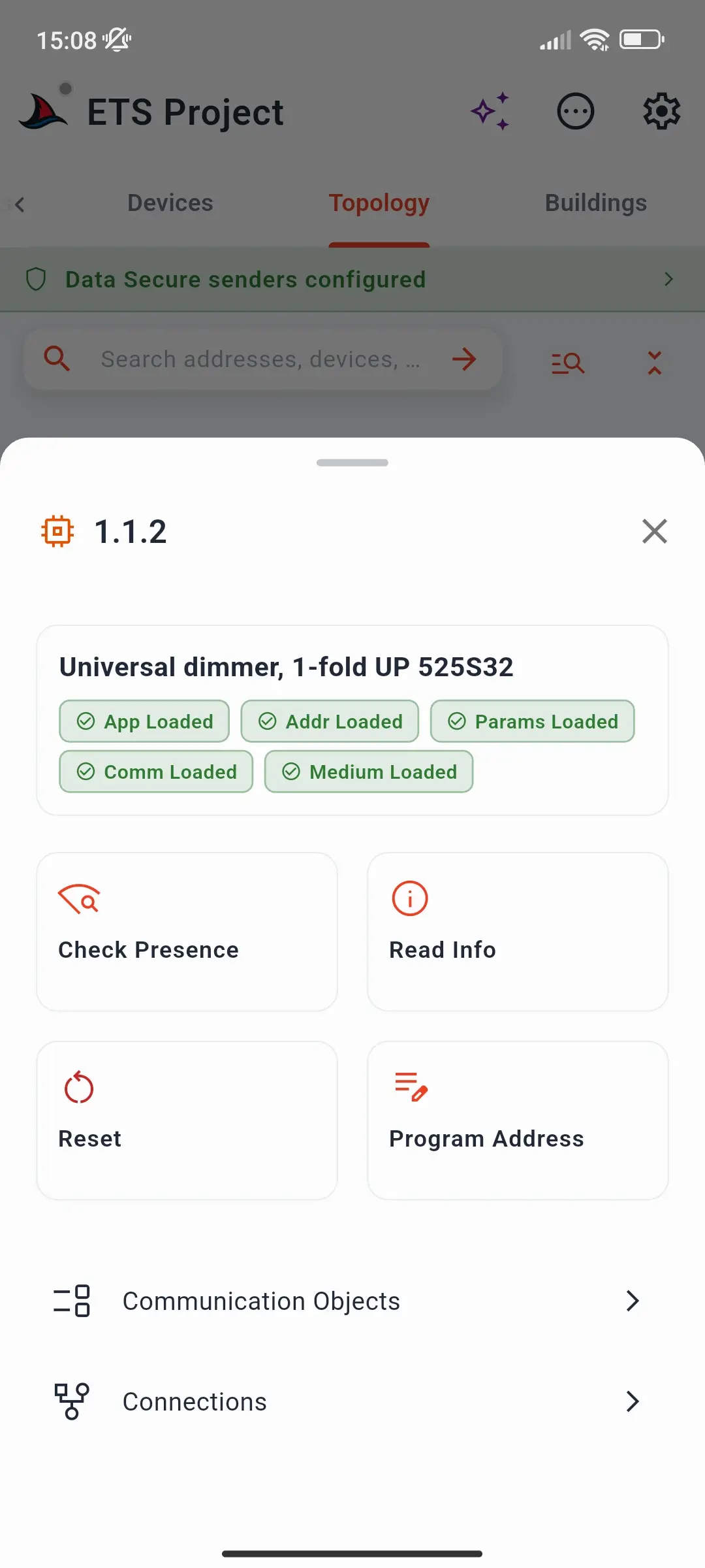 Geräteblatt mit ETS-Downloadstatus-Chips und den Aktionen Präsenz prüfen, Info lesen, Zurücksetzen und Adresse programmieren