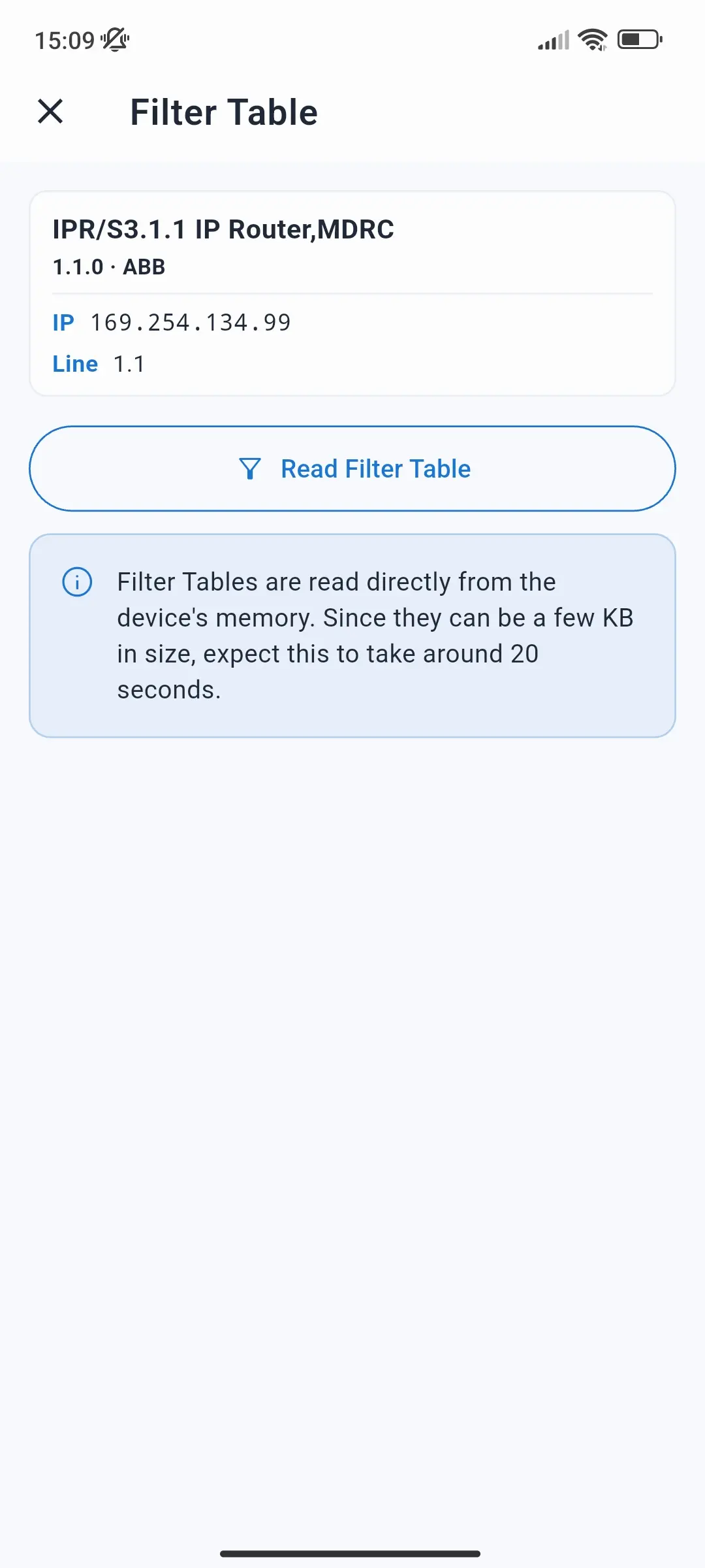 Filter Table page for an IP router before reading, with the Read Filter Table button and the note that reading takes around 20 seconds