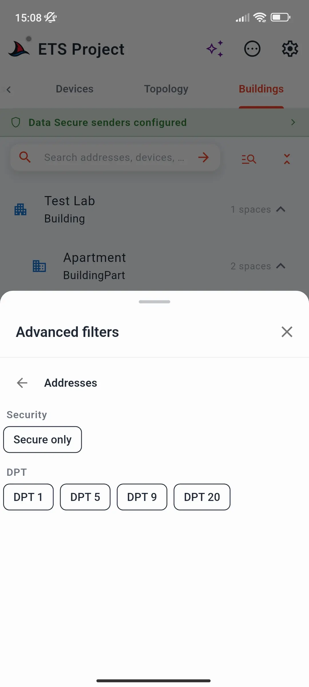 Advanced filters for addresses: Secure only and datapoint types
