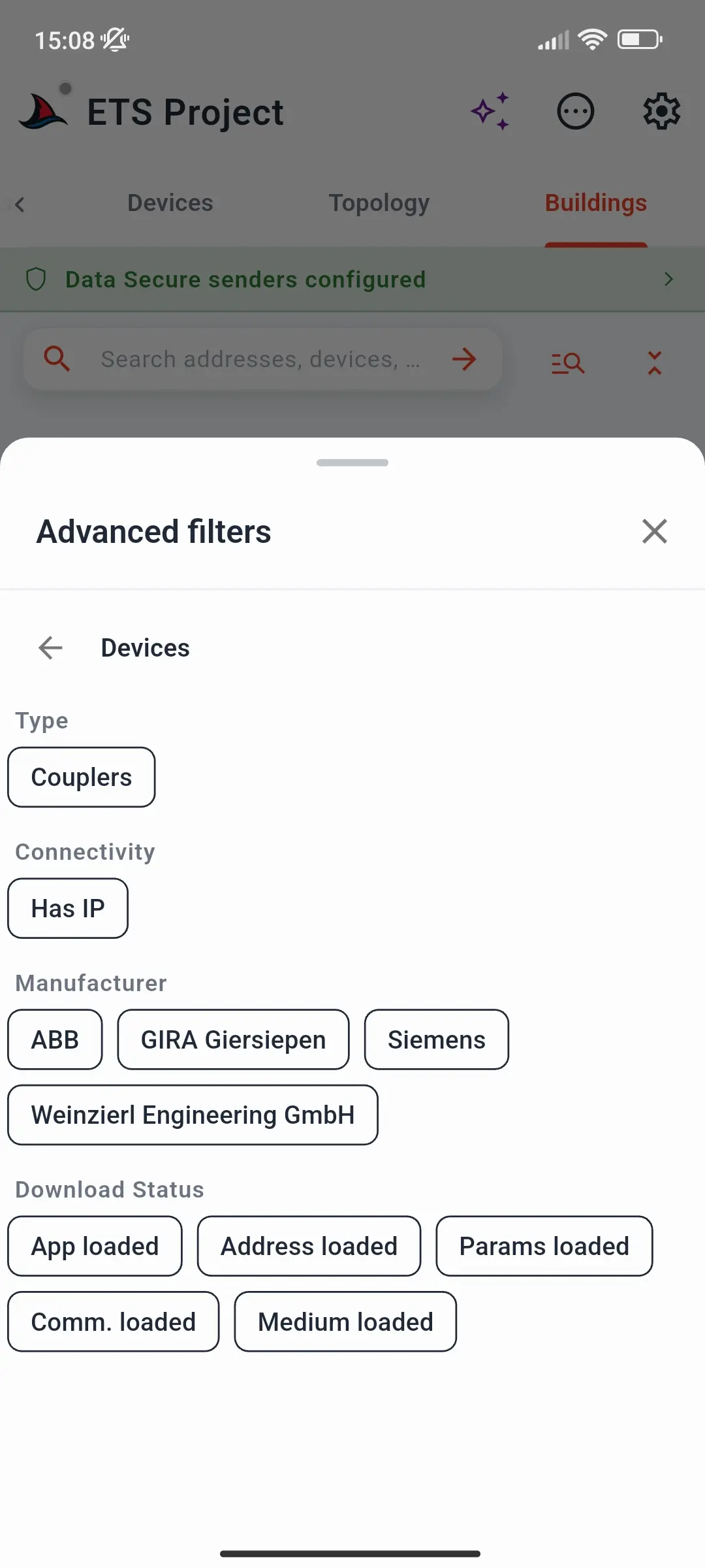 Erweiterte Gerätefilter: Koppler, Geräte mit IP, Hersteller und ETS-Downloadstatus