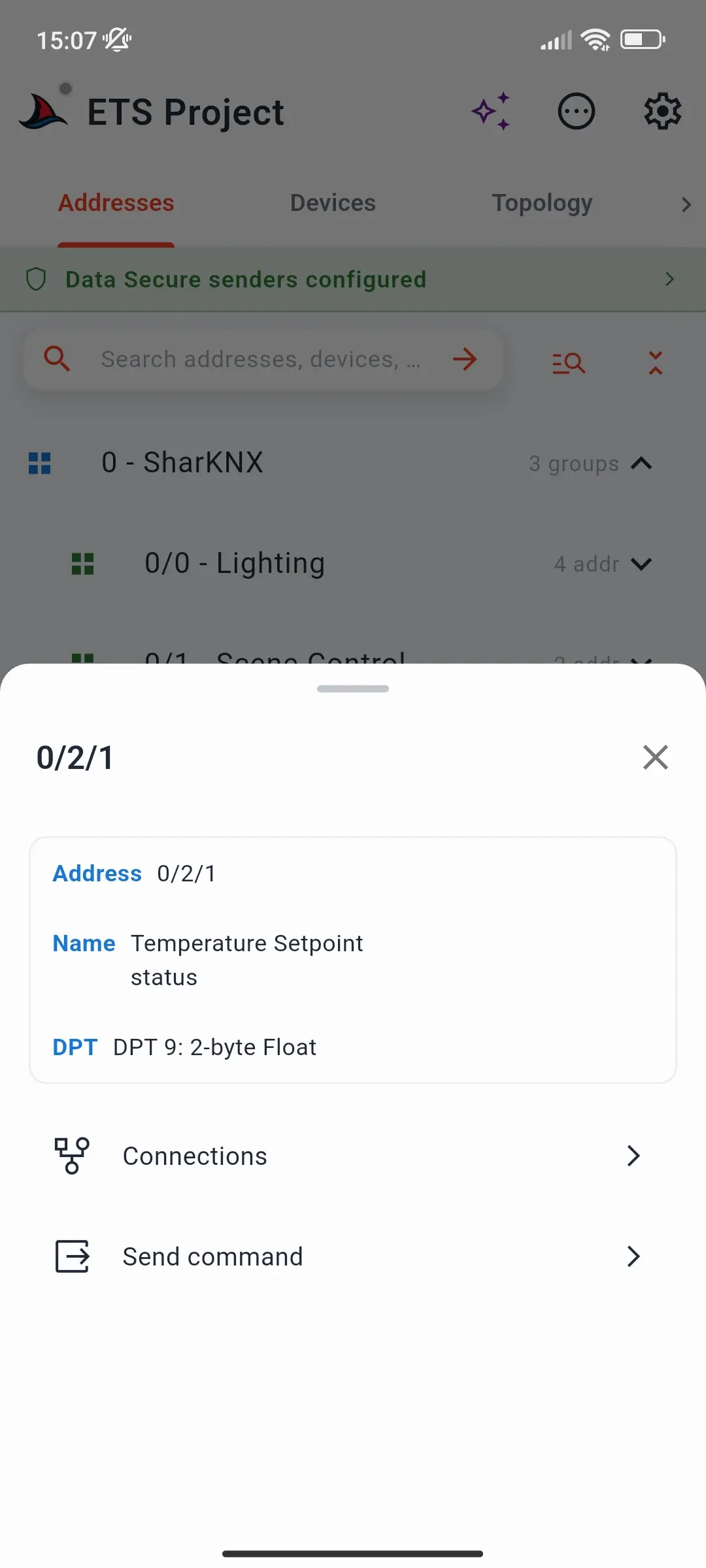 Group address details for 0/2/1 with the address, name, and DPT, and the Connections and Send command actions
