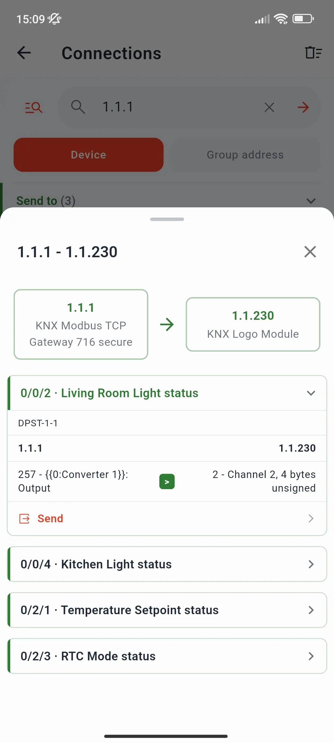 Connection path between 1.1.1 and 1.1.230, with group address 0/0/2 expanded to show the objects on both devices and a Send row