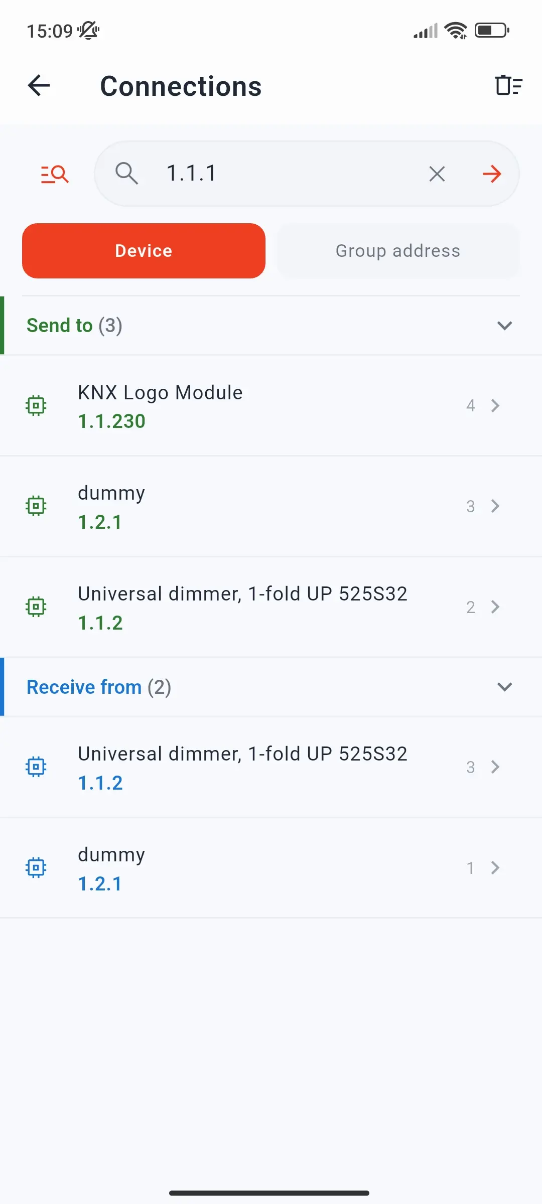 Project Connections in device mode for 1.1.1, with Send to and Receive from sections listing linked devices