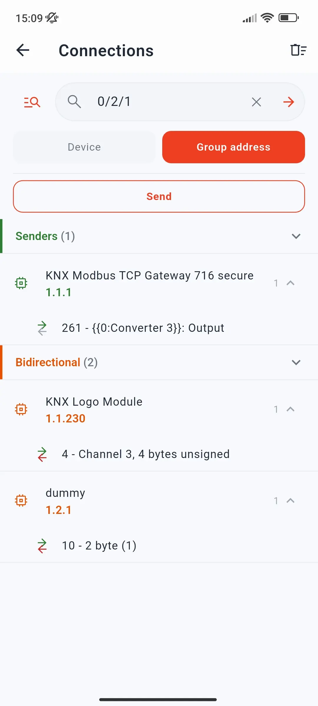 Project Connections in group address mode for 0/2/1, with the Send button, one sender, and two bidirectional devices